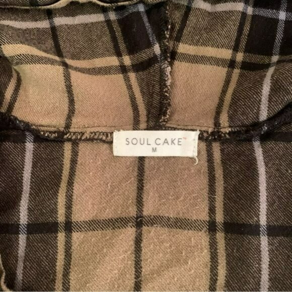 Soul cake womens size medium cropped brown and tan plaid long sleeve hooded top - Picture 2 of 6